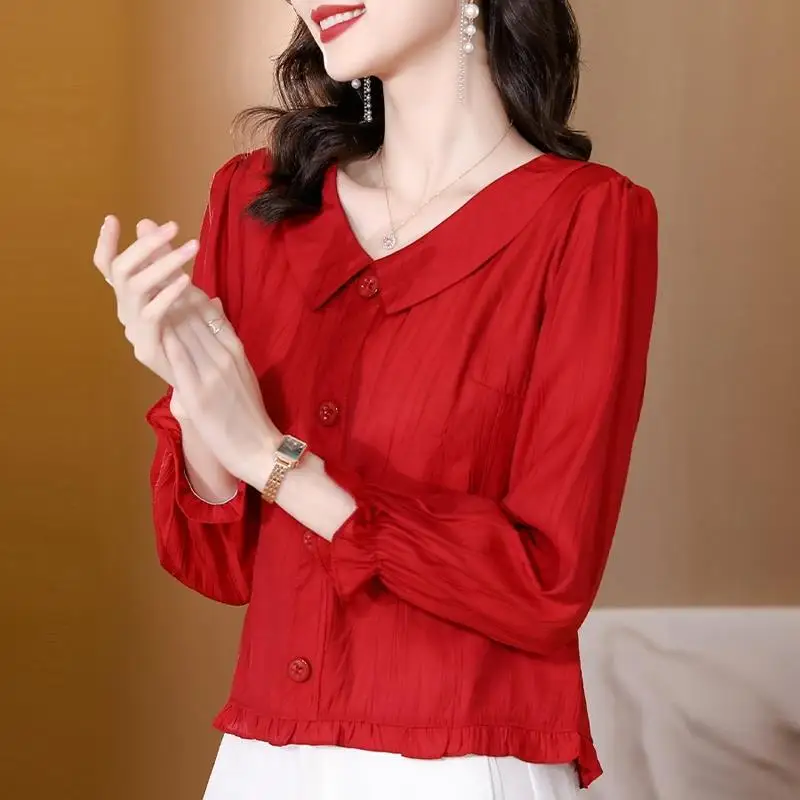 Women's Clothing Korean Fashion Cotton Linen Blouses Elegant Sweet Ruffle with Button Shirts Casual Solid Long Sleeve Loose Tops