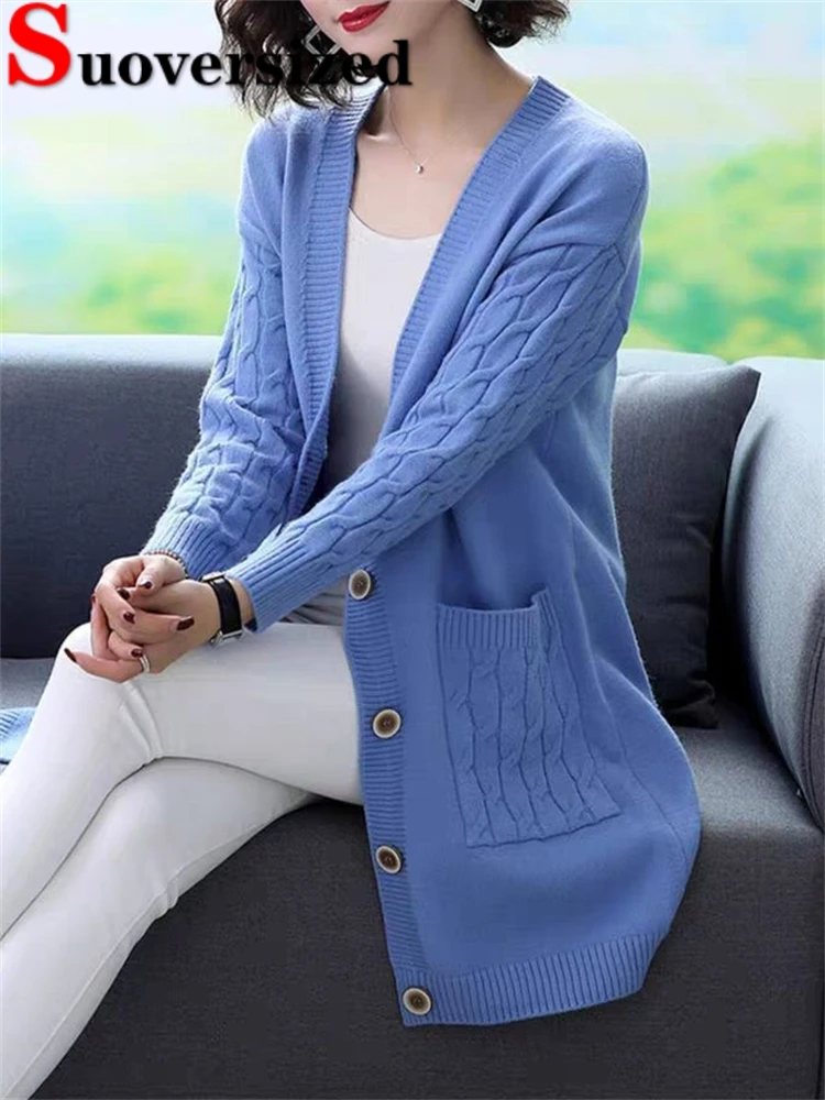 Women Mid-length Casual Knitted Cardigan V-neck Spring Fall Korean Sweater Oversize Loose Tops Coats Elegant Knitewear Outerwear