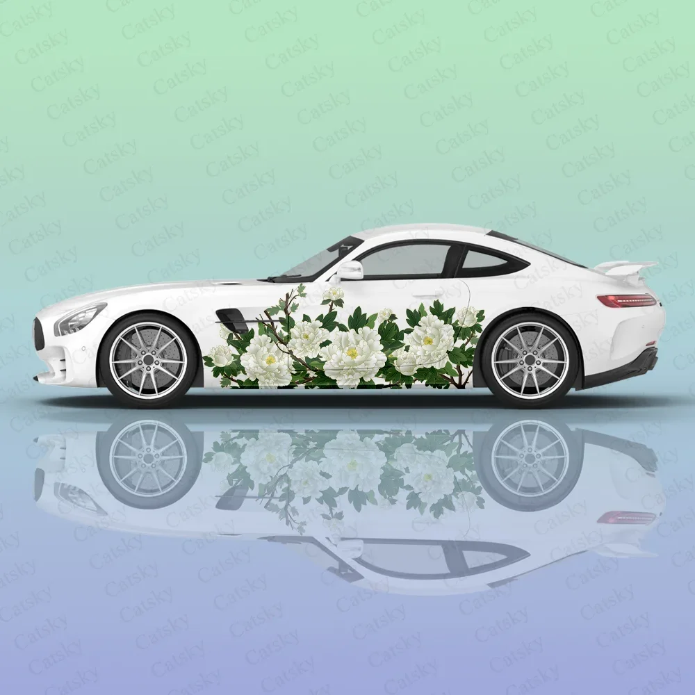 

White Peony Flower Print Car Sticker Decal Hood Door Body Vinyl Sticker Graphic Wrap New Car Sticker Decoration Accessories