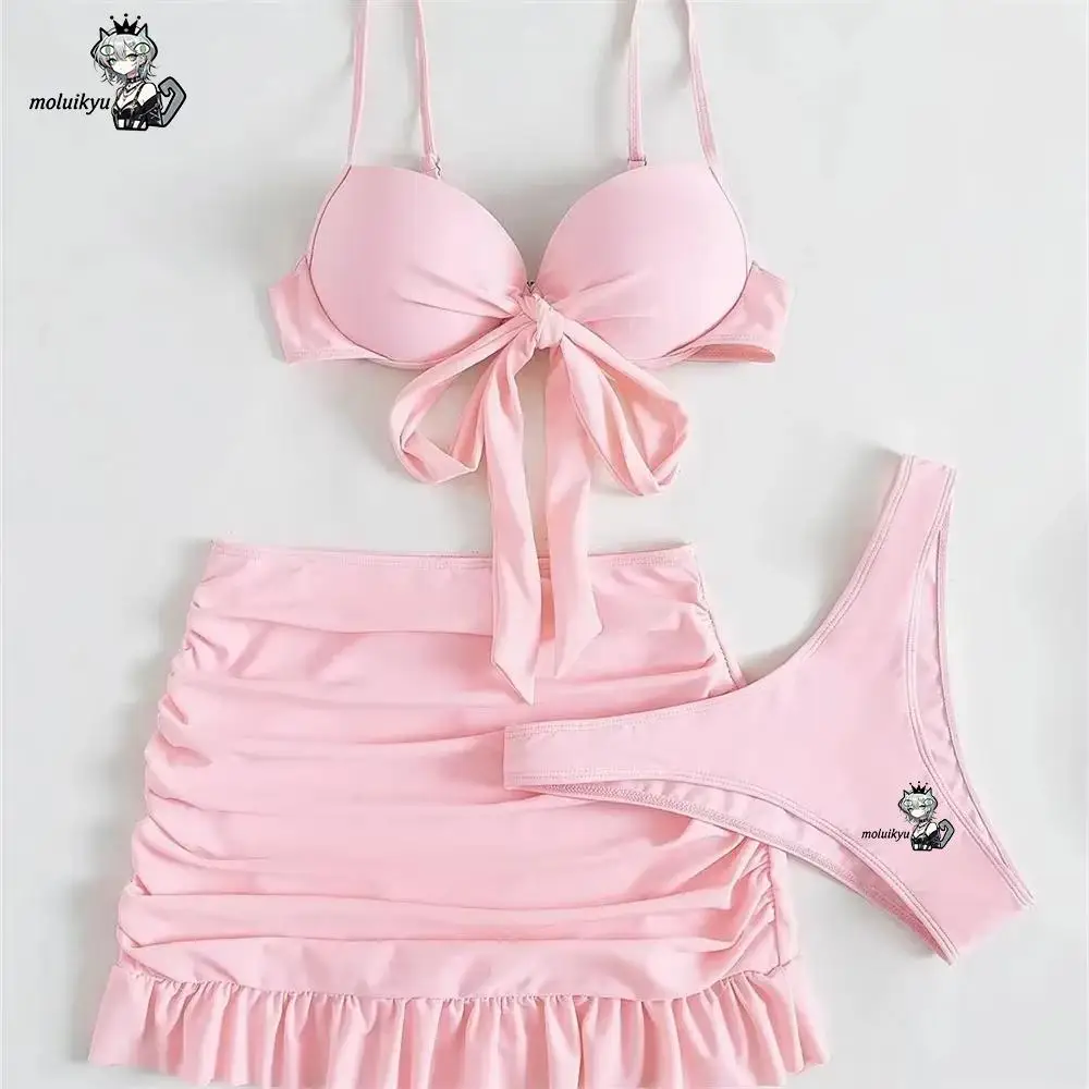 

3Pcs Cute Pink Ruched Swimwear Push Up Bandage Bikini Thong Pleated Swimsuit Women's Skirt Beach Outfits Bikinis Bathing Suit