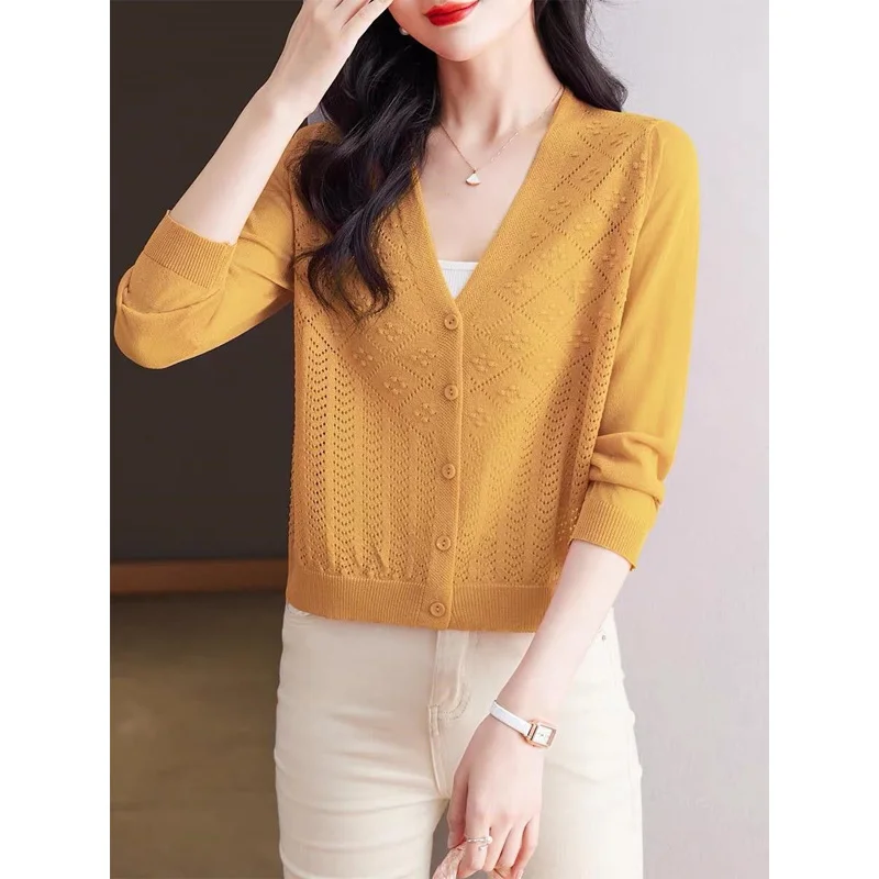 2024 New Summer Minimalist Commuting Casual Loose Fashion Trend V-neck Hollowed Out Jacquard Solid Color Three Quarter Sweater