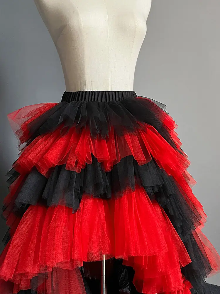 Original Black Red Splicing Trailing Floor-length Beach Princess Skirt Irregular Elastic Waist Elegant Mesh Ruffles Fairy Skirts