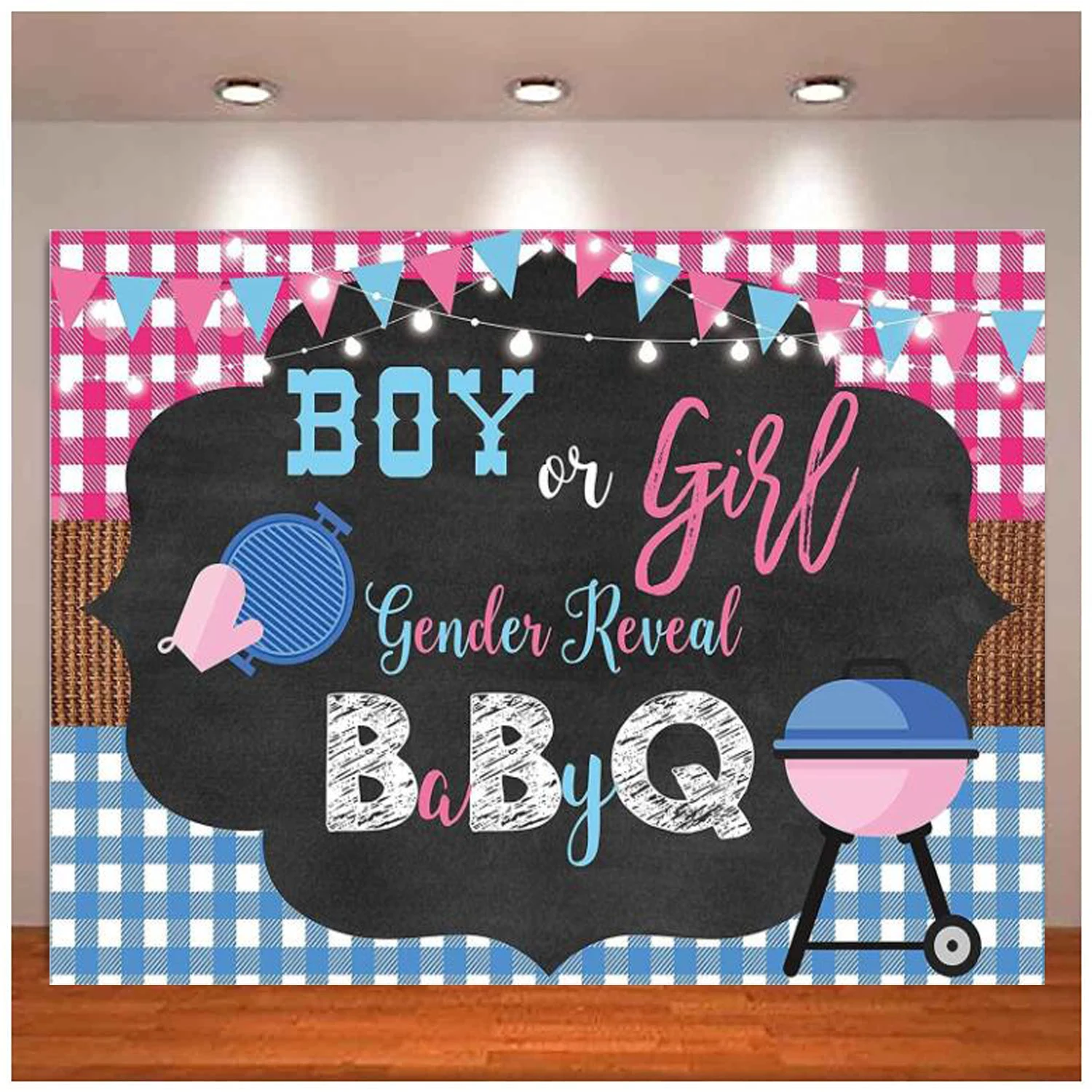 

BBQ Gender Reveal Party Photography Backdrop Boy or Girl Baby Shower Background Pregnancy Reveal Pink and Blue Banner Decoration