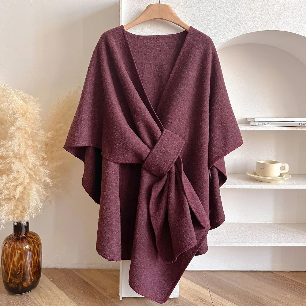 Retro Solid Color Cape Shawl Wool Blend Soft Open Cardigan Half Sleeve Loose Fit Fleece Poncho
