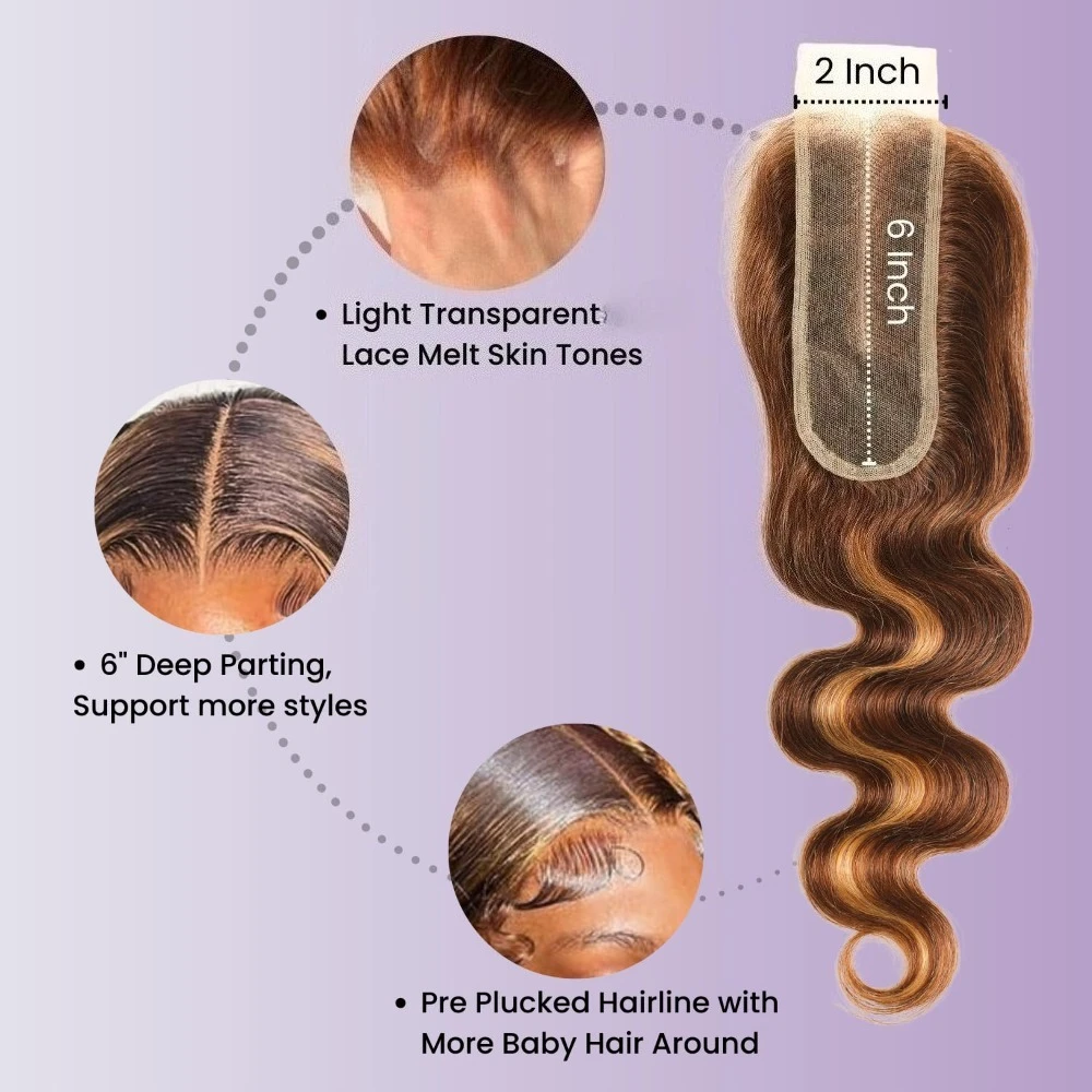 العسل شقراء تسليط الضوء على 2x6 جزء عميق الدانتيل إغلاق مع 3 حزم الشعر البشري 12A البرازيلي عذراء أومبير براون الجسم موجة حزم