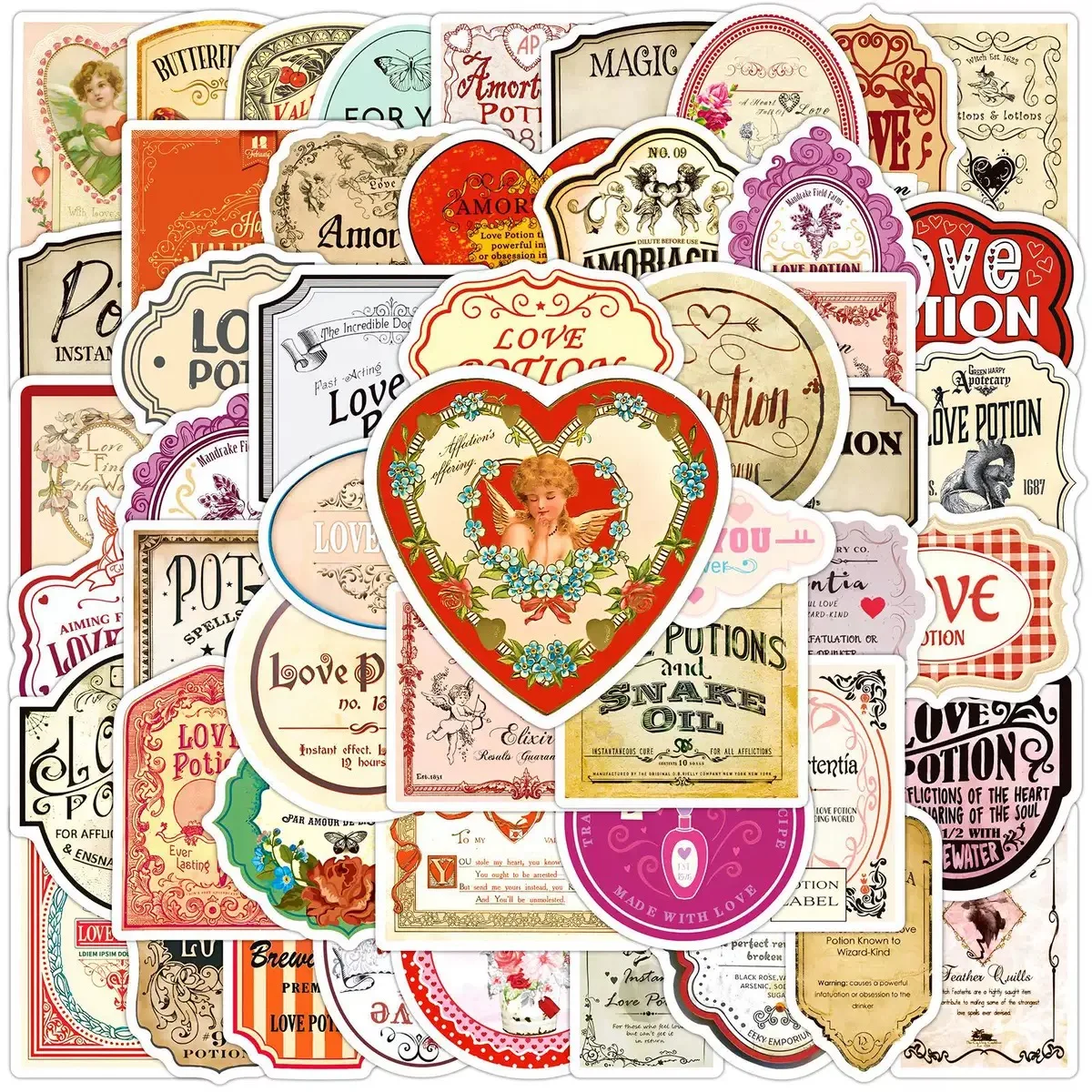 50Pcs Funny Vintage Valentine's Day Love Potion Label Stickers Retro Decals DIY Phone Luggage Notebook Laptop Bottle Sticker