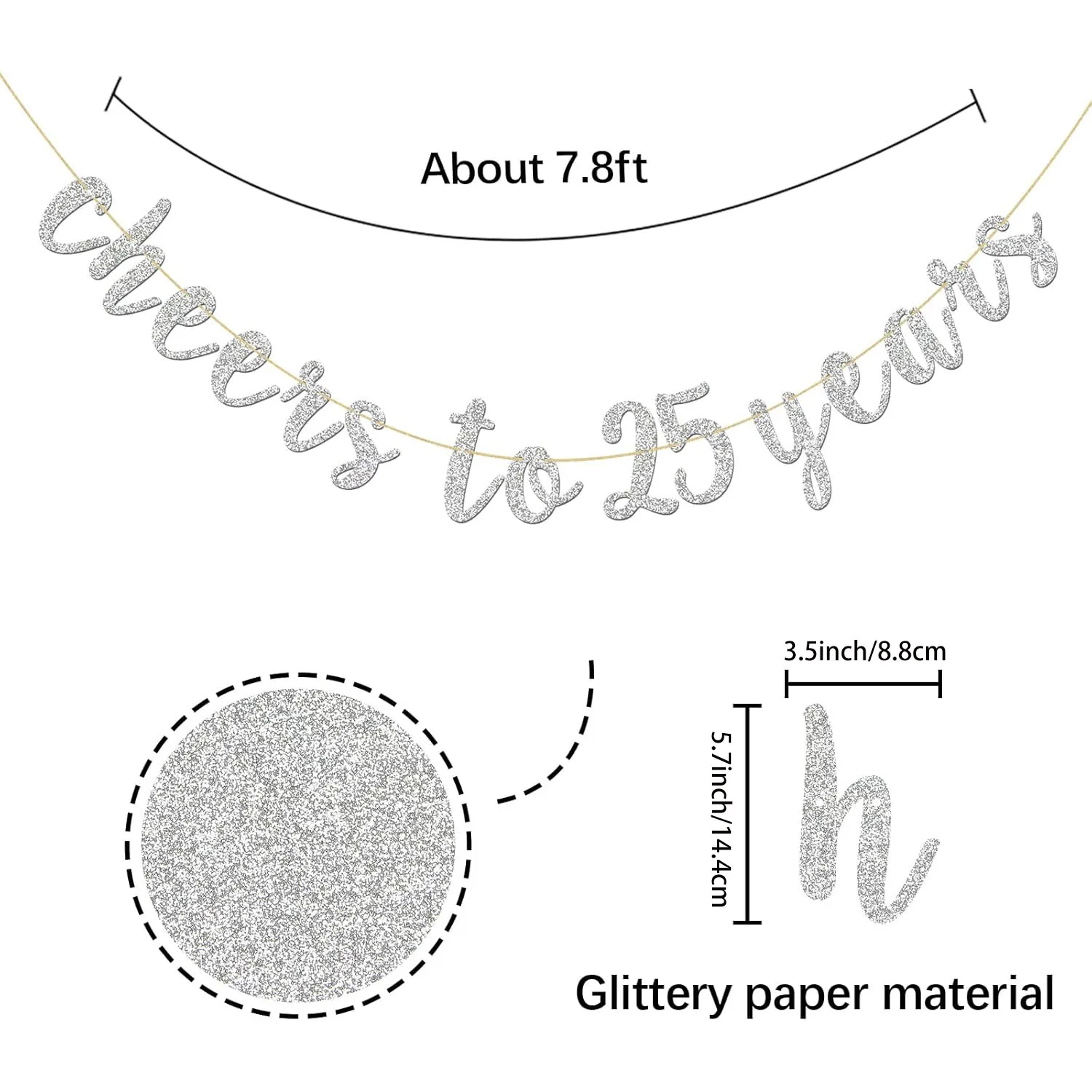 Glitter Silver Cheers to 25 Years Banner - 25th Birthday Sign Bunting 25th Marriage Anniversary Party Bunting Decorations - view 3