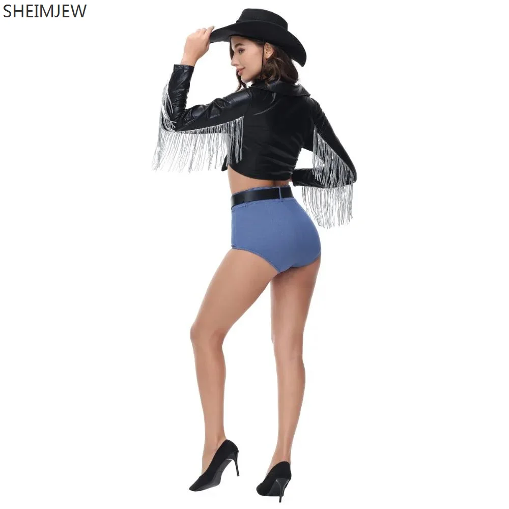 Sexy cantante discoteca Western Cowboy Costume Cosplay Halloween nappa profondo scollo a V in pelle camicia a maniche lunghe pantaloni corti tuta Hottie