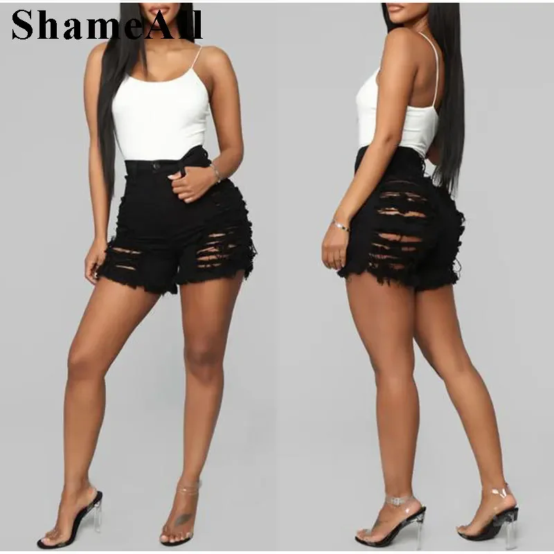 

Plus Size Sexy Black Ripped Jeans Stretch Skinny Hot Denim Shorts 3XL High Waisted Boyfriend Street Torn Jegging Baggy Hole Jean