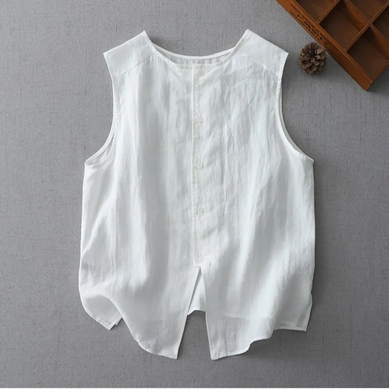 Nuova camicia gilet nera bianca concisa Camicia estiva da donna sottile casual senza maniche ampia Camicetta in cotone e lino