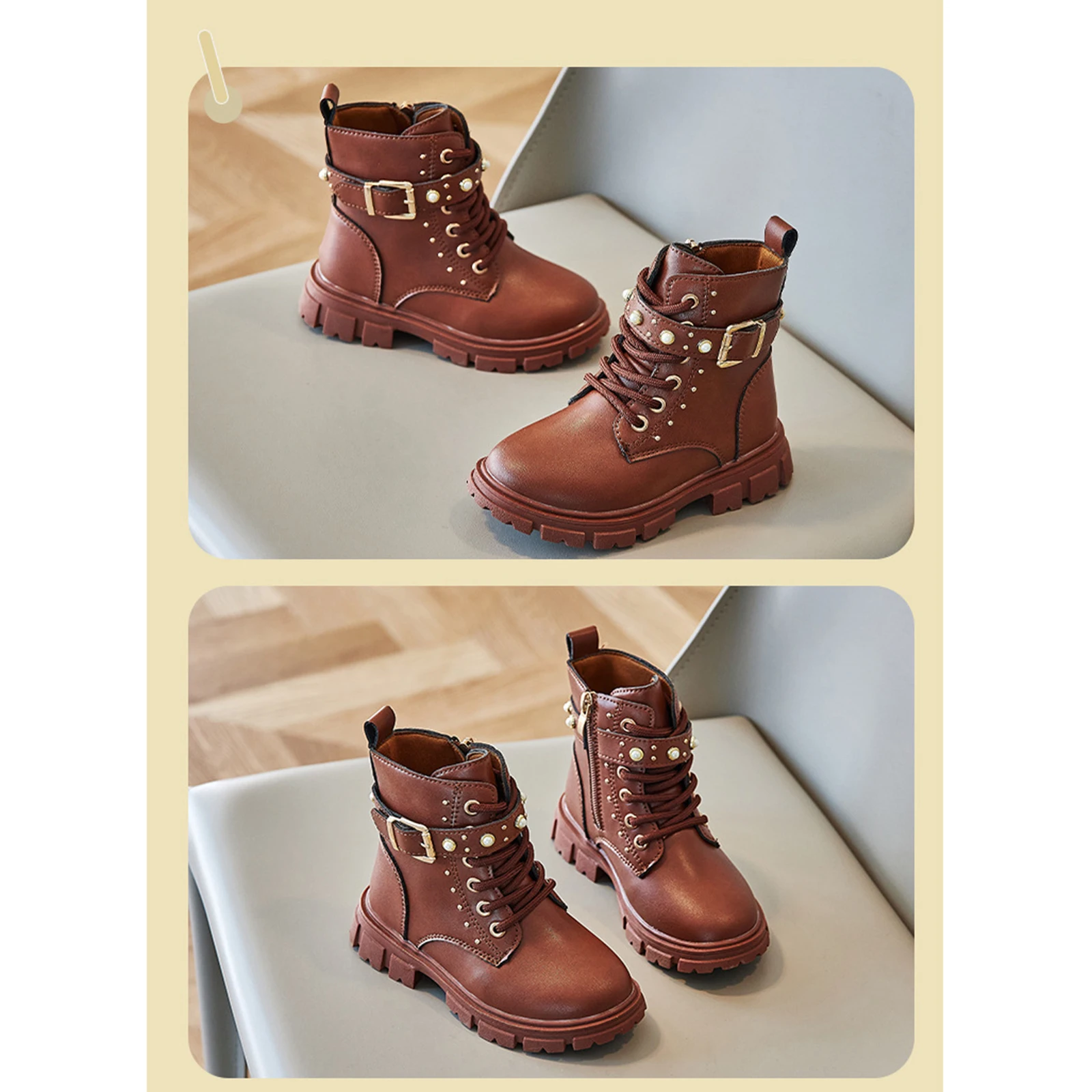 

New Children Soft Soled PU Leather Shoes Girl British Style Short Boots Fashion Lace-Up Side Zipper Ankle Boot with Buckle Decor