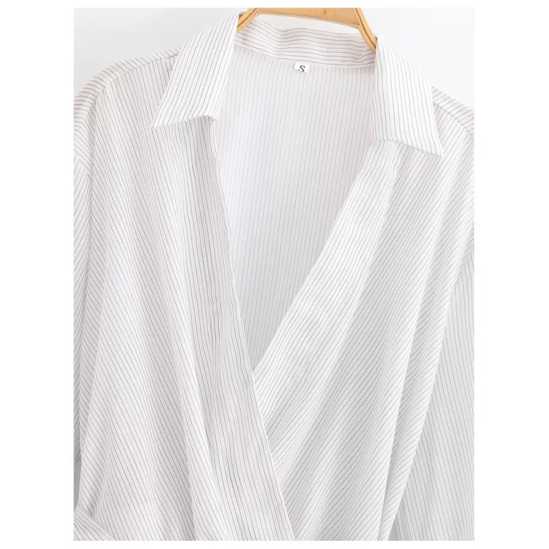 Nouvelles femmes rayé taille sangle chemise col en V à manches longues chemises Double boutonnage réglable noeud papillon femme chemises décontractées