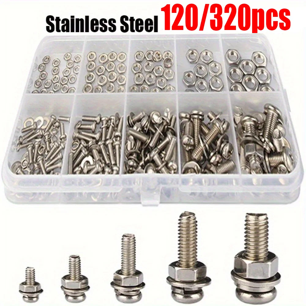 120/320-Piece Stainless Steel Screw and Nut Set, M2-M5, Multiple Sizes Available—Suitable for DIY, Repair, and Home Applications