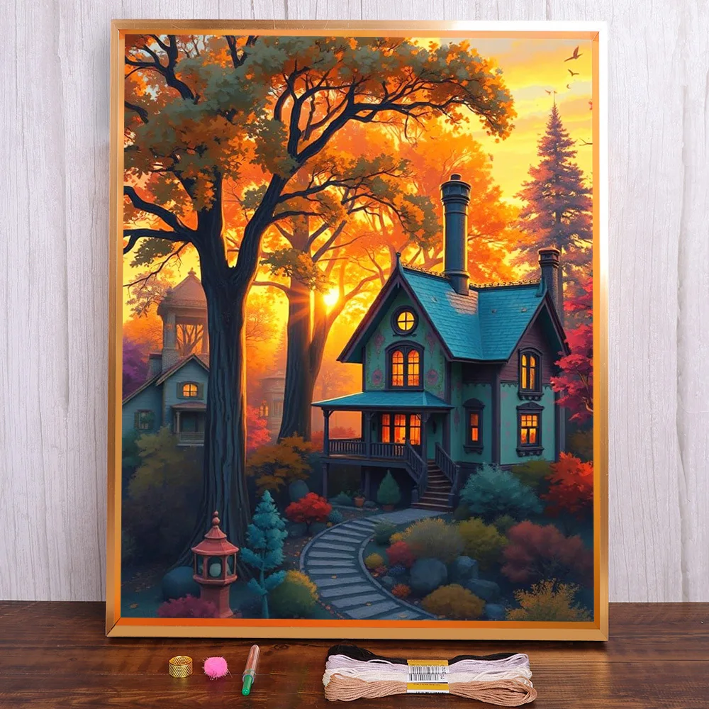 

Landscape Dusk House Printed Cross-Stitch Embroidery Complete Kit Knitting Sewing Needlework Painting Counted For Adults Gift