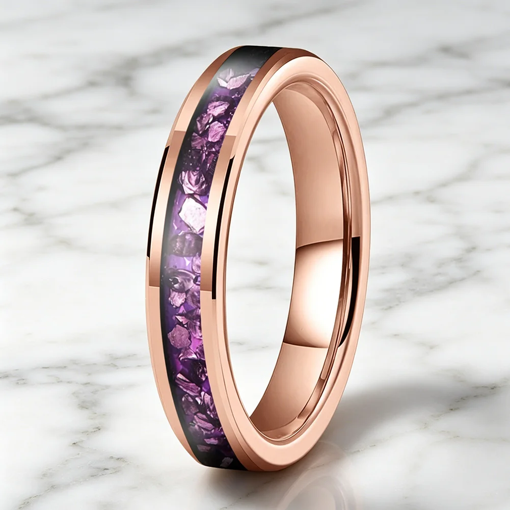4mm Wolframringe mit Lila Edelstein-Einlage, Modeschmuck, Verlobungs- und Eheringe für Männer und Frauen, Poliert Glänzend, Komfortabler Sitz – Detail 18