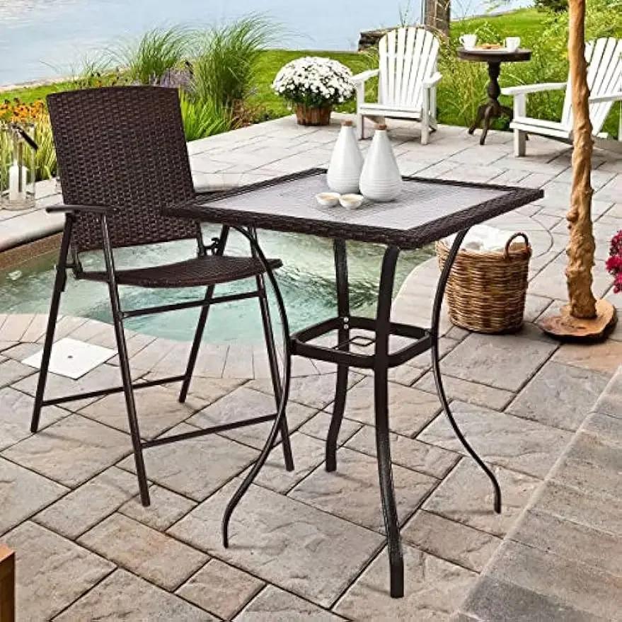 37”/ 94CM Height Bistro Table Outdoor Bar Table, Square Patio Table with Umbrella Hole, Tempered Glass Top & Wicker Covered Edge