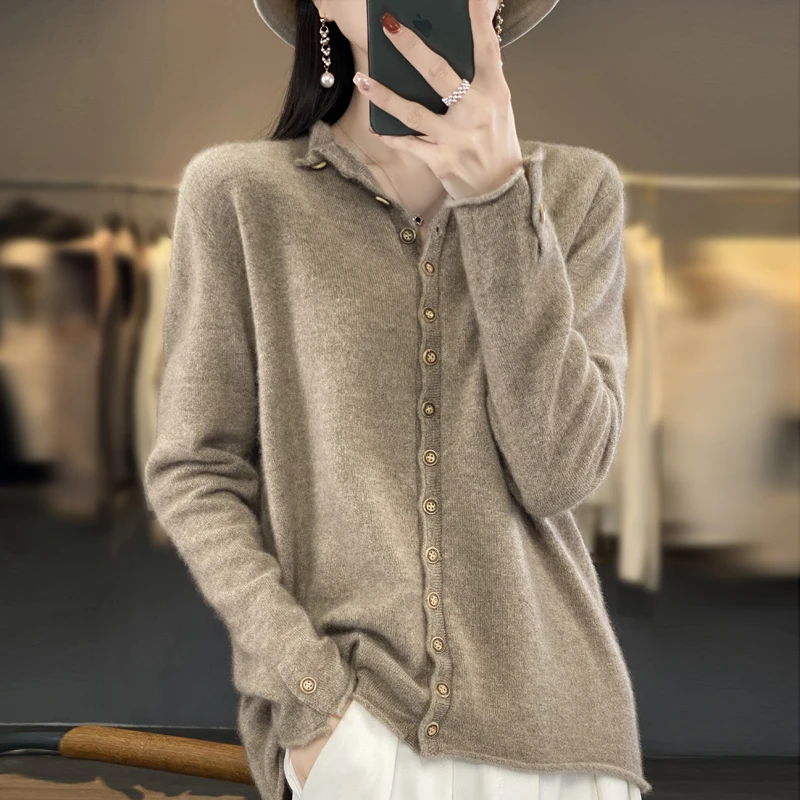 100% Wool Women\'s Cardigan Sweater Casual Loose Solid Color Cashmere Knitted Long Sleeve Thin Women\'s O-Neck Sweater New Special