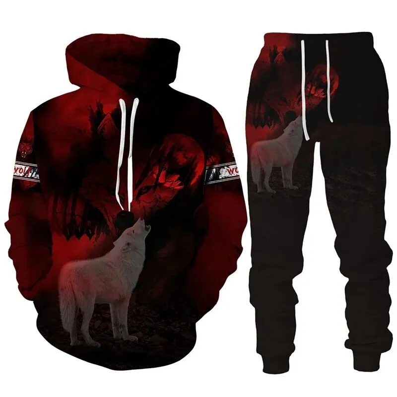 Nuovi uomini animale lupo felpa con cappuccio stampato maschio autunno casual felpa pantaloni sportivi pullover uomo tuta set abbigliamento da uomo vestito
