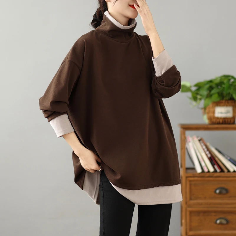Laid-ba contrasterende kleur Blo hoge kraag sweatshirt grote maten Faionable halflange basis irt trendy top voor dames