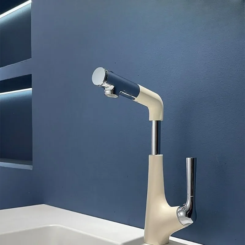 Dopamine Cream Navy Liftable Pull Out Tap, Anti-Splash Hot Cold Mixer Faucet, Multi-function Kitchen & Bathroom Sink Tap