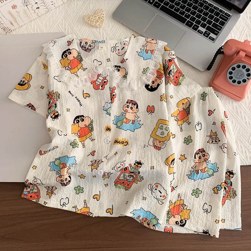 

Anime Summer Crayon Shin-Chan Children's Pajamas Set Korean Cardigan Thin Short Sleeve Shorts Sleepwear Cute Girls Boys Homewear