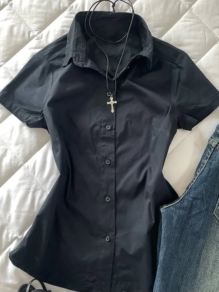 

Original f Sves Slim Fit Bla irt for Women Vintage Versatile Summer New Sle Korean Sle Commute Cotton Blend