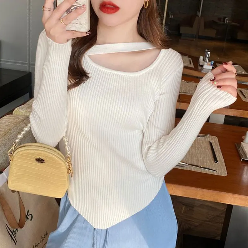 

Women's Spring Casual Simplicity Solid Color Long Sleeve Knitwear Women Clothes Fashion Elegant Irregular Temperament Slim Tops