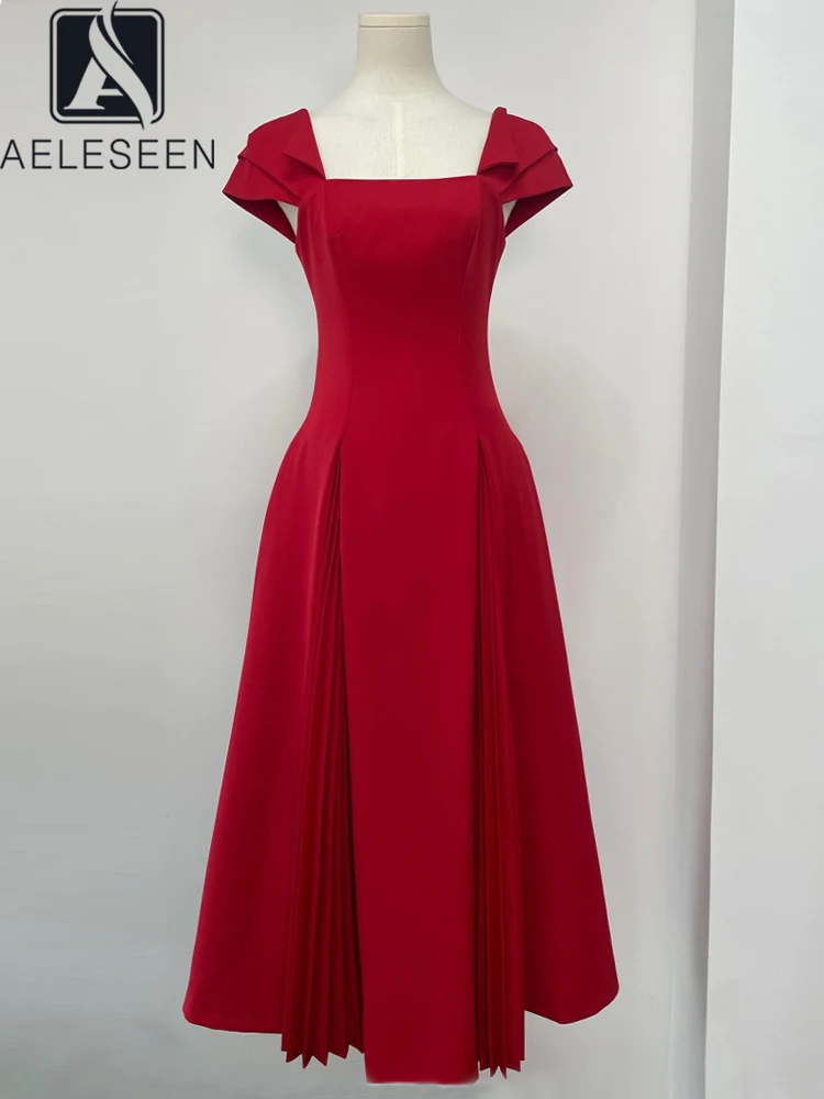 

AELESEEN Spring Summer Elegant Dress Women Runway Fashion Short Sleeve Square Collar Solid Red White Black Pleated Party