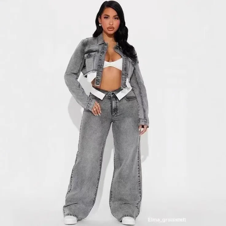 Jeans Suit Women Denim 2 Piece Sets Coat Straight Trousers Washed Vintage Patchwork Jacket Ensemble Spring Streetwear Outfits