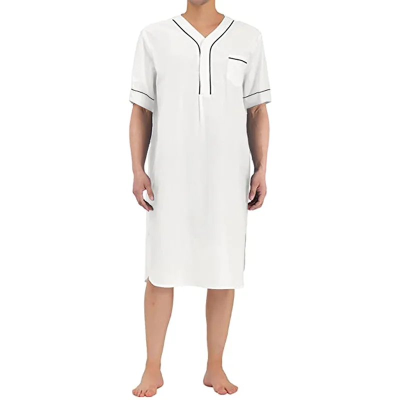 Summer Short Sleeve Men Thin Nightgown Muslim Islamic Homewear Solid Color Loose Saudi Arabia Kaftan Home Abaya Sleep Robe