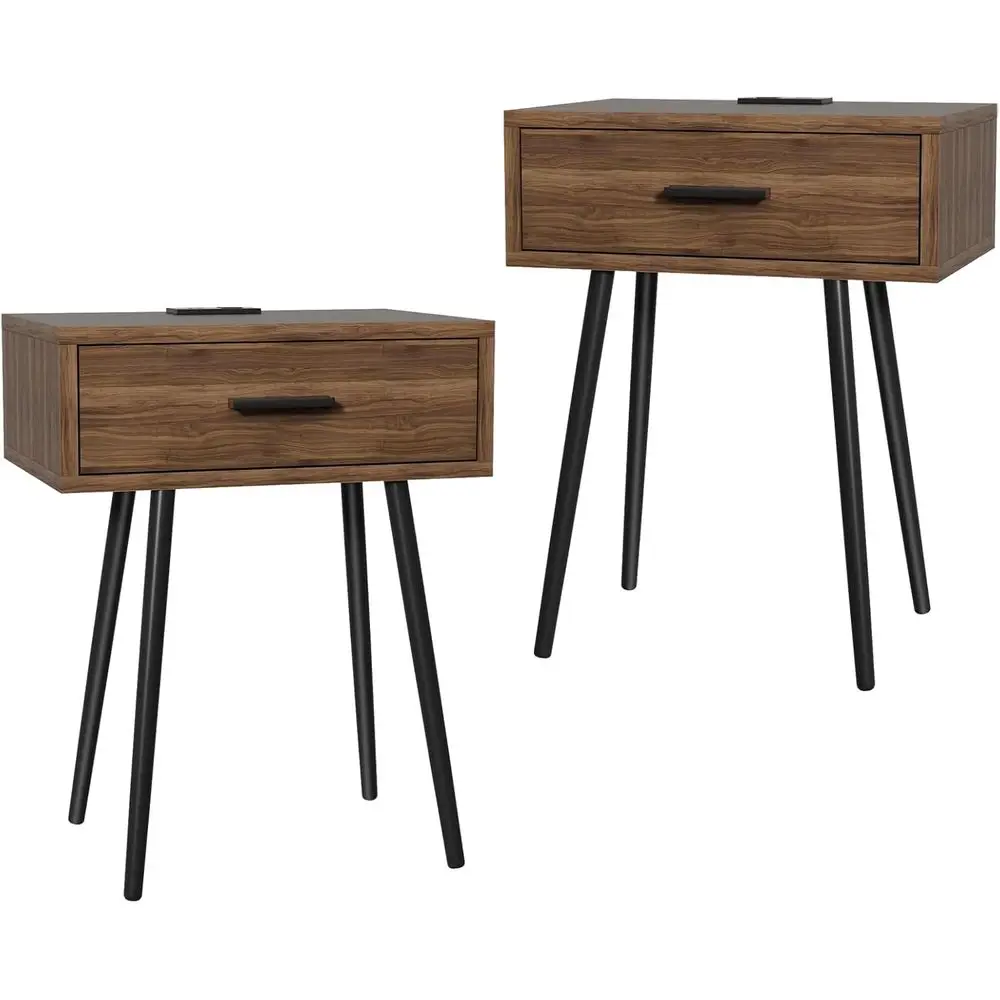2 SET Nightstand with Charging Port and Wooden Ders - Perect or Small Side Table, Night Stand Night Stand - Walnut End Table, Dr
