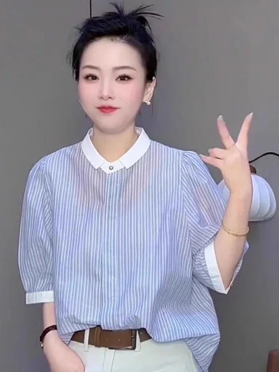 

Ele Blue Striped Thin Svel Collar Chiffon irt Women's Summer New Arrival Korean Sle Commute Faion