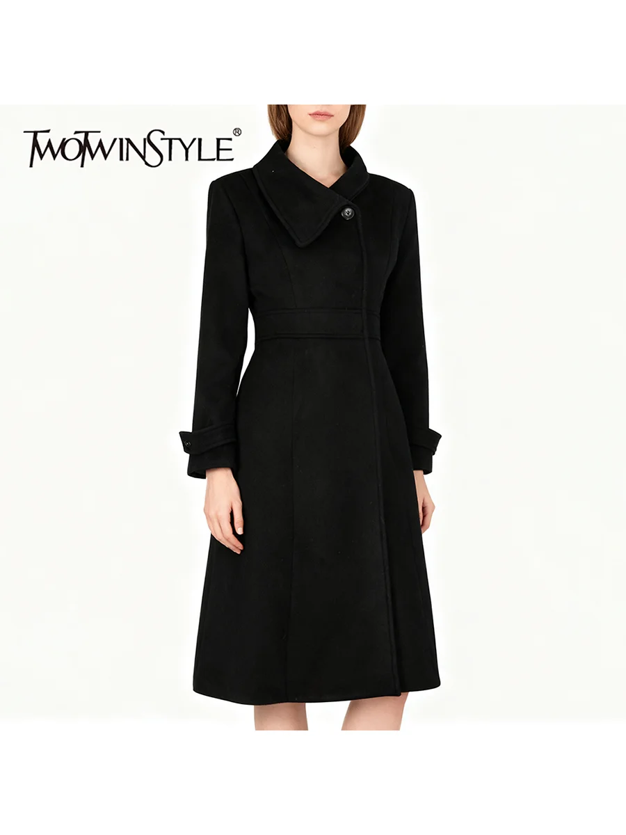 

TWOTWINSTYLE Slimming Spliced Buttons Minimalist Coats for Women Lapel Long Sleeves High Waist Casual Coat Female Clothing New