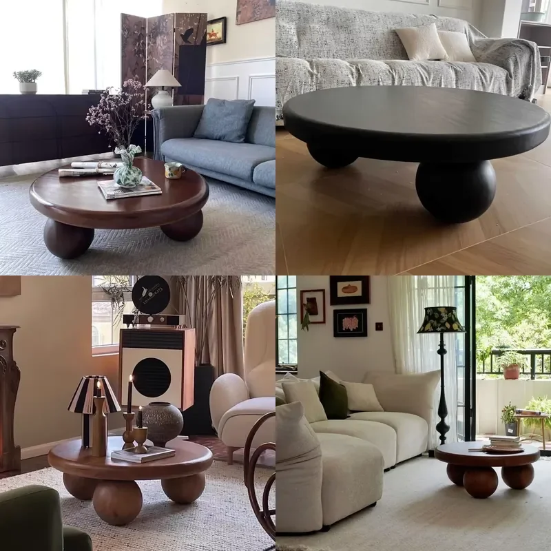 Nordic Modern Simple Wooden Coffee Table with Solid Round Ball Shaped Base Legs for Small Apartment Living Room Furniture