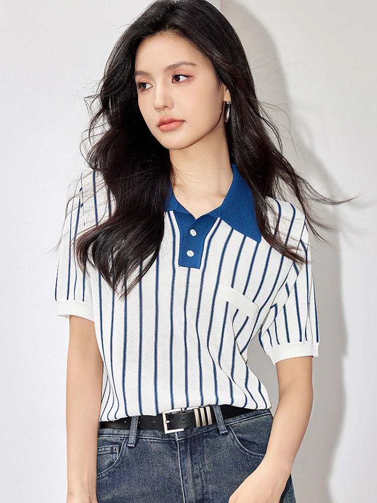 Women Summer Lapel T-Shirt Elegant Causal Short Sleeve T Shirt American Style Vintage Fashion Simple Striped Tops