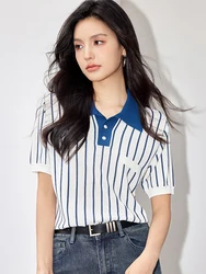 Women Summer Lapel T-Shirt Elegant Causal Short Sleeve T Shirt American Style Vintage Fashion Simple Striped Tops