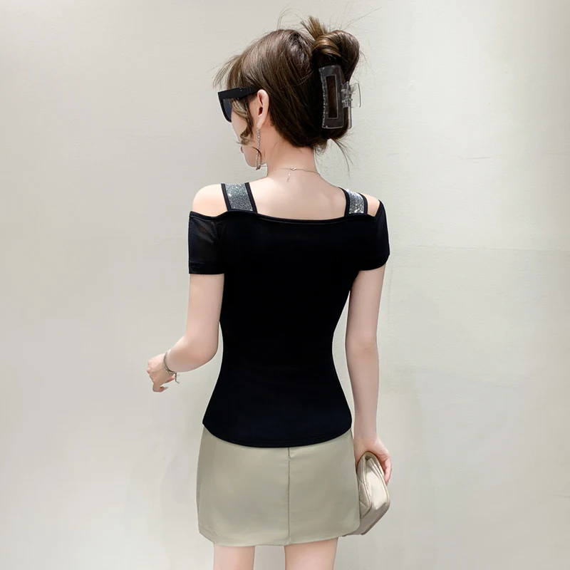 Streetwear Sexy Off-Shoulder Summer T-shirt for Women High Quality Luxury Shiny Diamond Tees Slim Fit Girl Top European Clothing