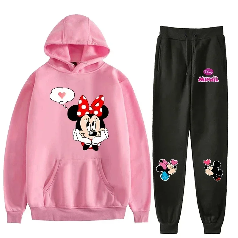 New Disney Minnie Women\'s Hoodie Set Print Sportswear Fleece Sweater Sweatpants Casual Ladies Pullover Sports Women 2 Piece Set