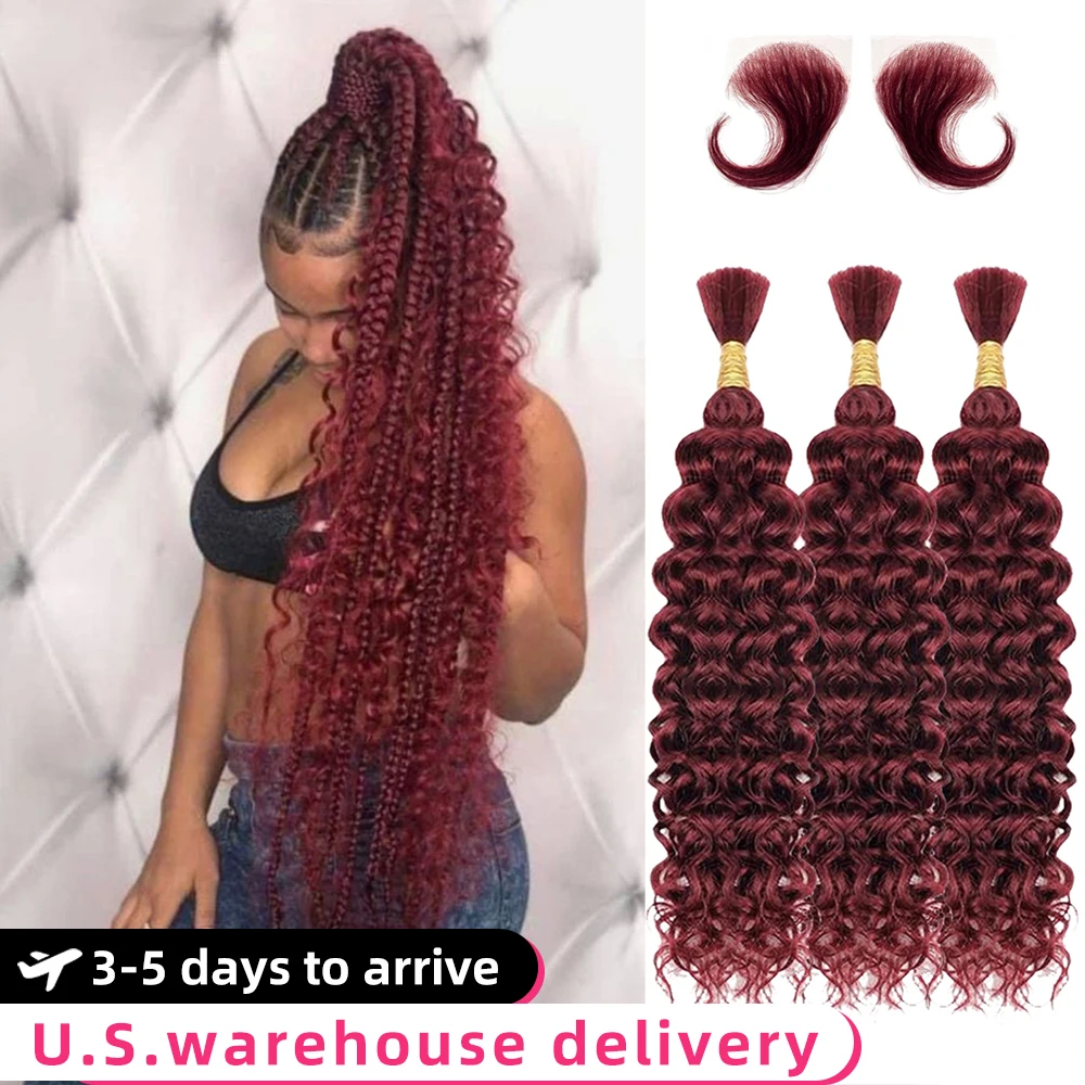 #99J Burgundy Deep Wave Hair For Braiding Bundles Human Hair 3 Bundles 20 Inch Curly Brazilian Hair 100% Boho Braids Human Hair