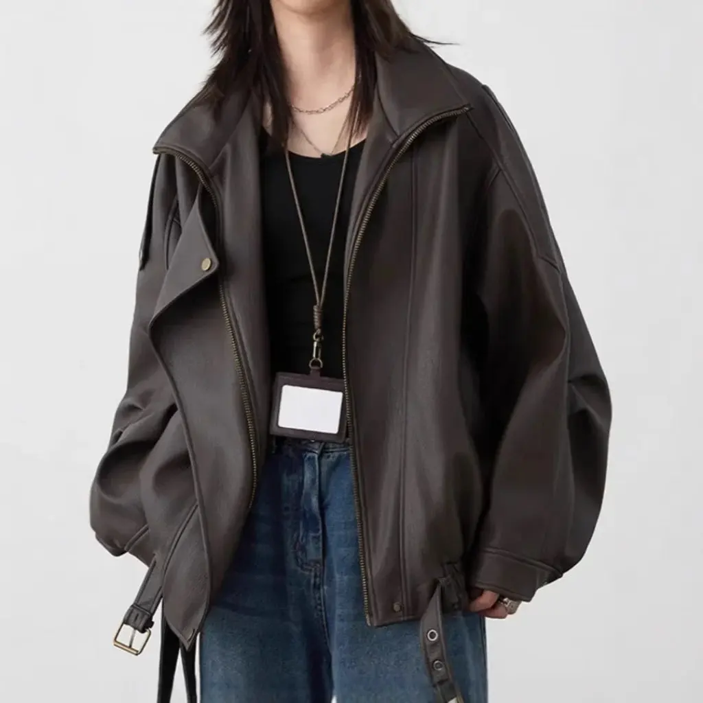 Roaming-Chaqueta de cuero de motocicleta con cuello Vertical Retro para mujer, Top de PU de industria pesada para otoño, nuevo nicho