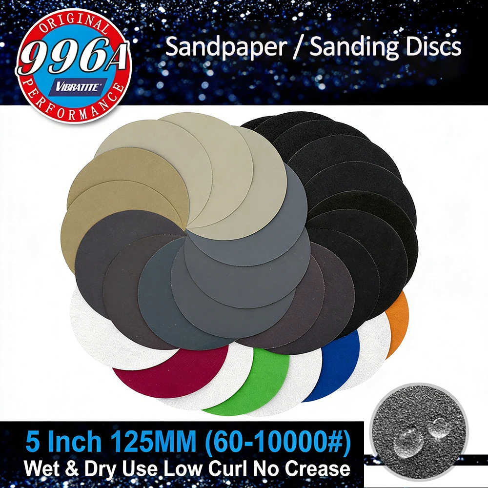 

5-дюймовые (125 мм) круглые шлифовальные диски с зернистостью 80, 60/100/150/180/240/320 грит, водостойкая самоклеящаяся шлифовальная бумага для автомобилей