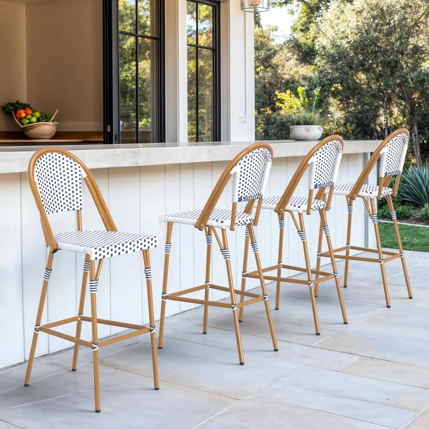 

Outdoor Bar Stool Set 4 Stackable Counter Height Woodgrain Aluminum Patio Backyard Poolside Navy White Customized