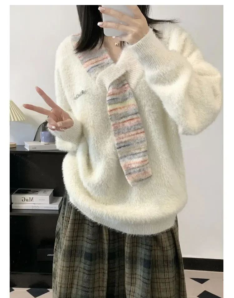 Japanese Style Girl Sweet Casual with Scarf Knitted Sweaters Women's Autumn and Winter Splicing Design V-neck Couple Sweater