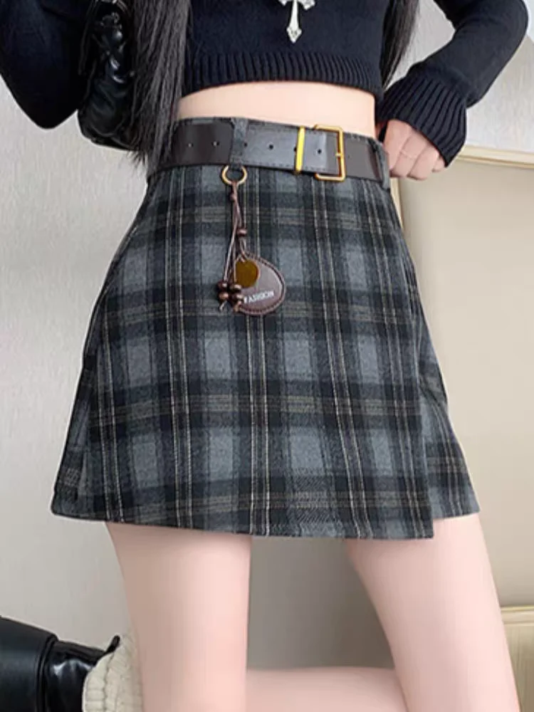 Vintage Plaid A-Line Skirt with Asymmetrical Hem, Women's Fall Winter Tartan Wrap Skirts for Sweet & Edgy Korean Style