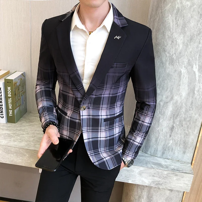 Blazer slim imbibé à carreaux pour hommes, veste décontractée, robe de club, banquet, fête de mariage, vêtements de marque, mode printemps, nouveau,