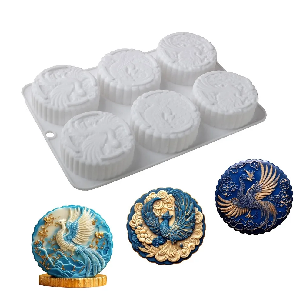 Silicone Mid Autumn Festival Phoenix Mooncake Mold 6 Cavities Easy To Demold Mung Bean Cake Mold Heat-resistant Soft Soap Mold