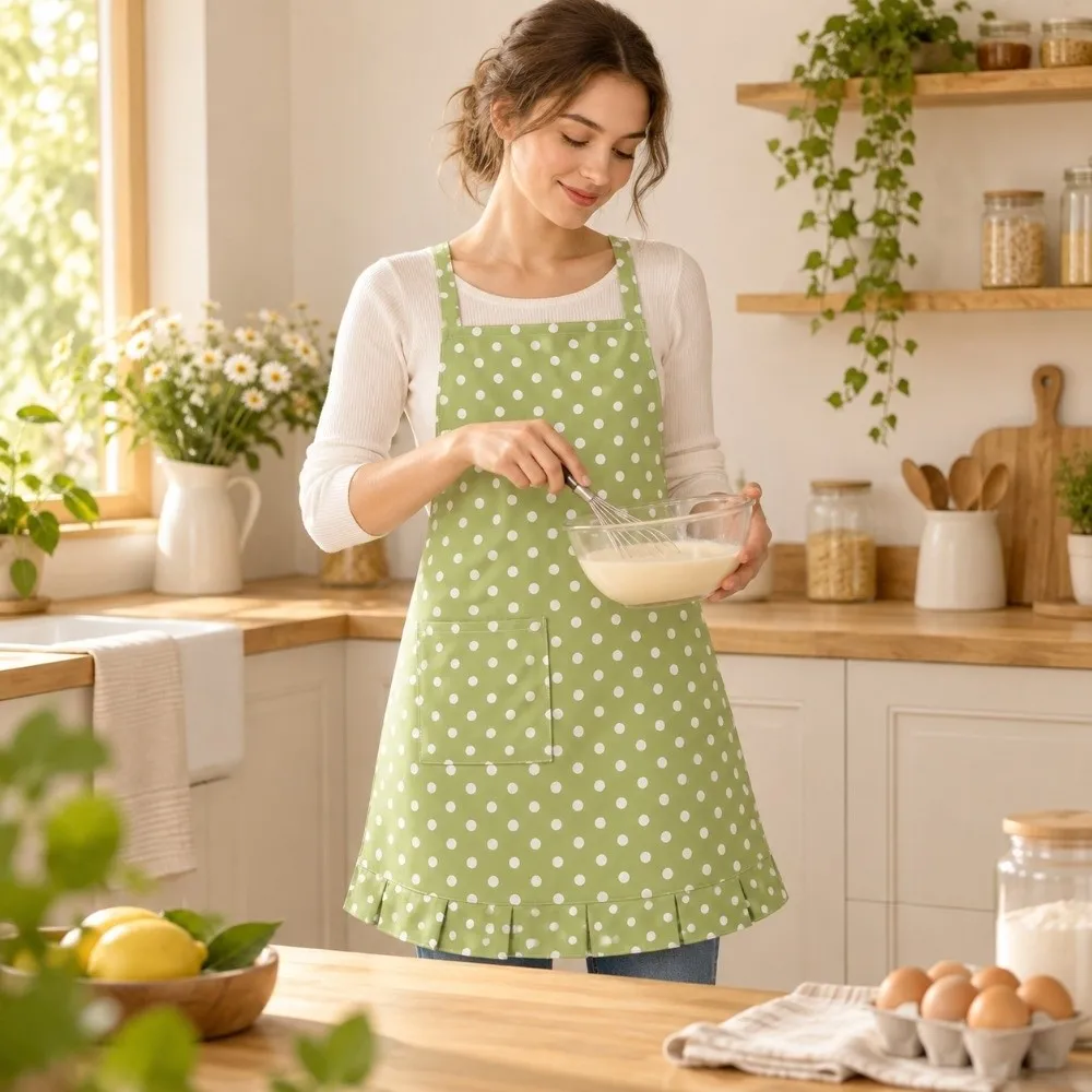 Elegant Kitchen Aprons Wrinkle Edge Polka Dot Pattern Kitchen Apron Breathable Japanese Style Nail Salon Beauty Apron for Women
