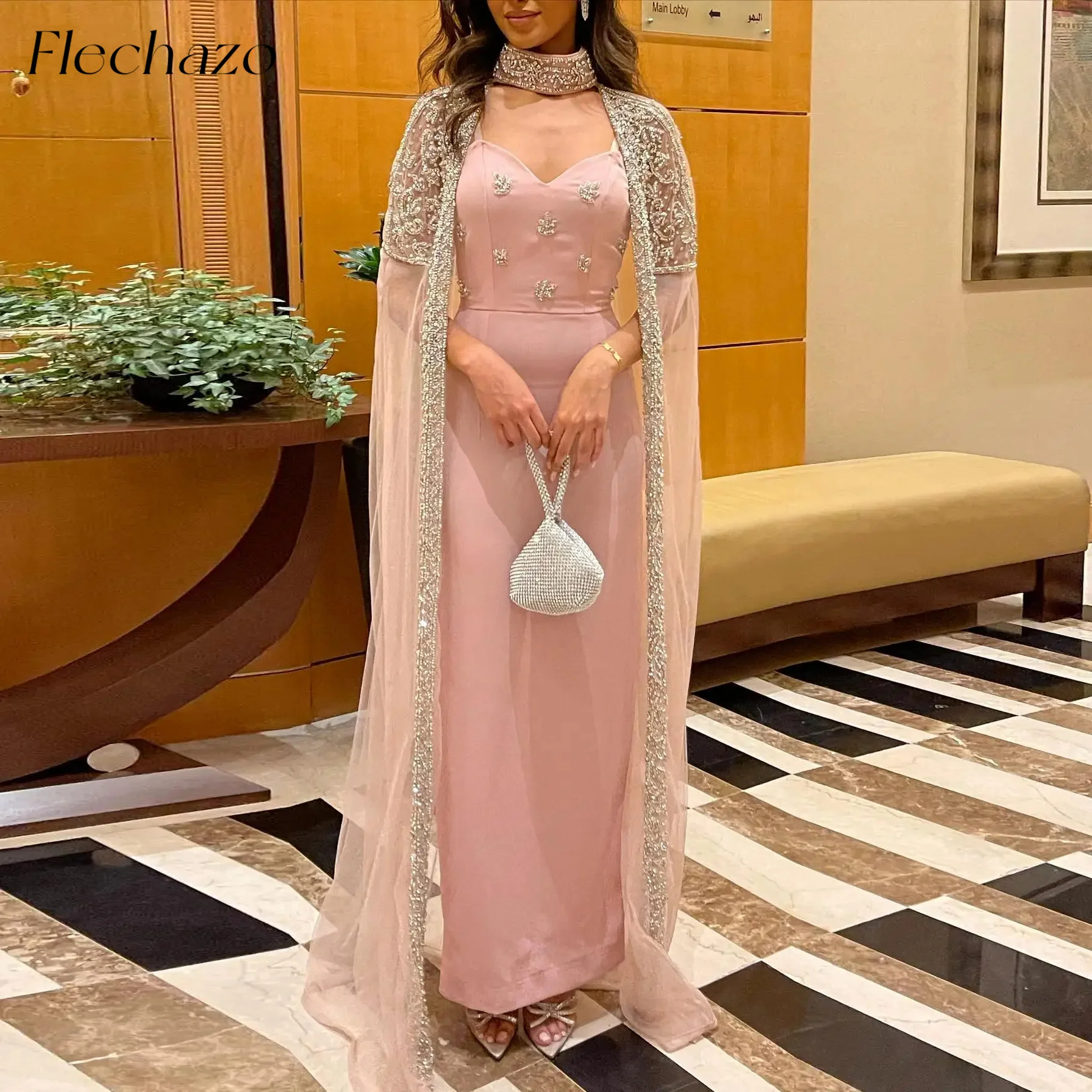 Flechazo Pink Luxury Prom Dresses Sweetheart Handmade Beads Cape Formal Party Elegant Dress For Women 2024 vestidos de noche