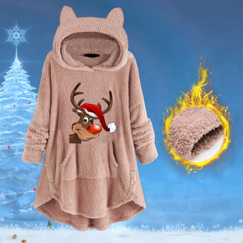 

Плюшевый свитшот средней длины 2025 года, пуловер с длинными рукавами и рождественским принтом, пуловер с кошачьими ушками, карман, двухрядная толстовка на пуговицах