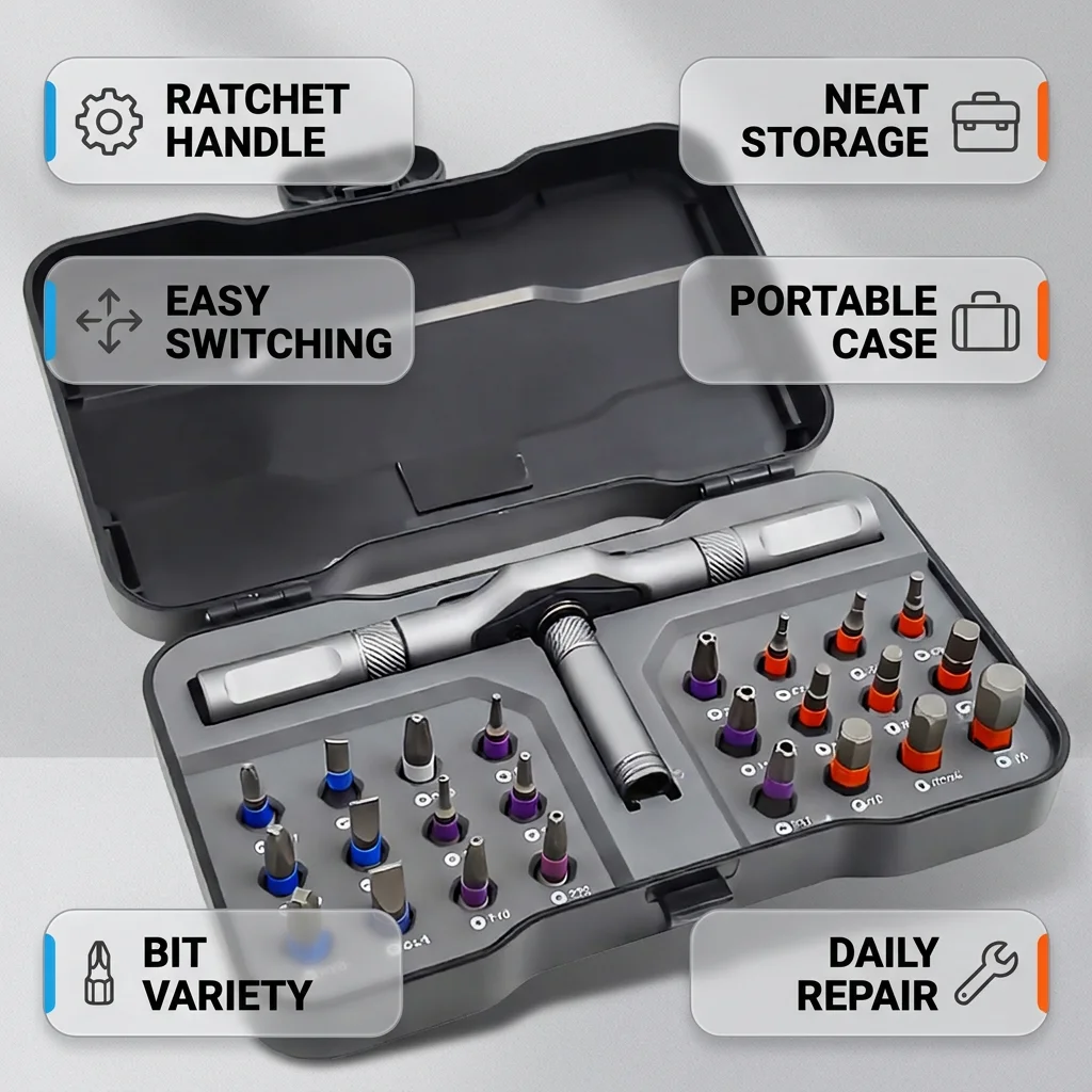 24-in-1 Multifunctional Screwdriver and Ratchet Wrench Set Magnetic Tips Home Repair Tool Kit for DIY Tasks Maintenance Projects